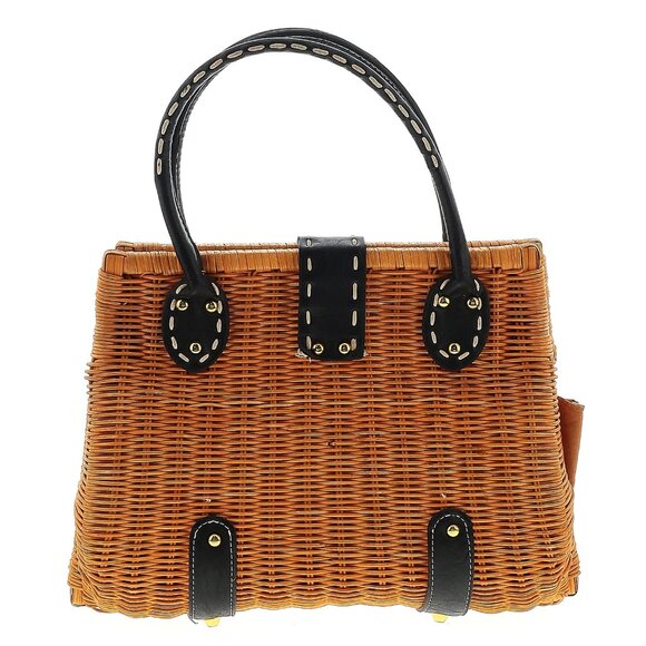 👜 Vintage Wicker Rattan & Black Leather Handbag – Woven Purse with Handles - Picture 3 of 8